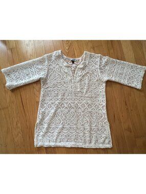 J.Valdi Women's Medium Crochet Lace 3/4 Sleeve Beach Resort Coverup Tunic Dress